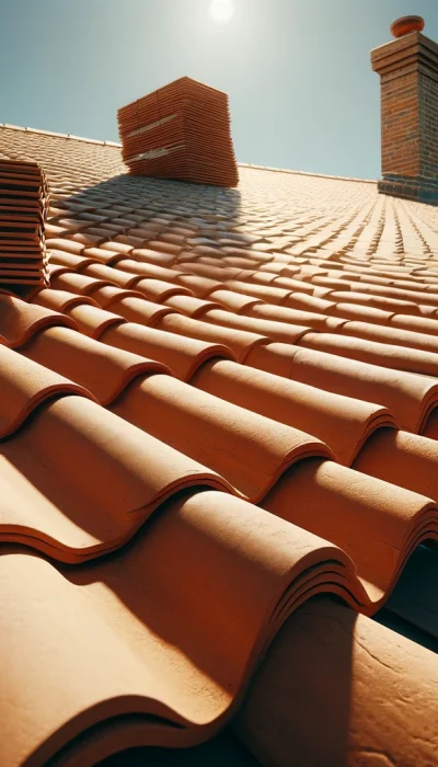 DALL·E-2024-04-19-12.29.15-Create-an-image-of-a-close-up-view-of-a-terracotta-tiled-roof-on-a-bright-sunny-day.-The-perspective-should-be-from-the-ground-looking-up-towards-the- (1)