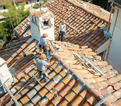 Équipe de couvreurs rénovant une toiture à Montpellier — FH Couverture